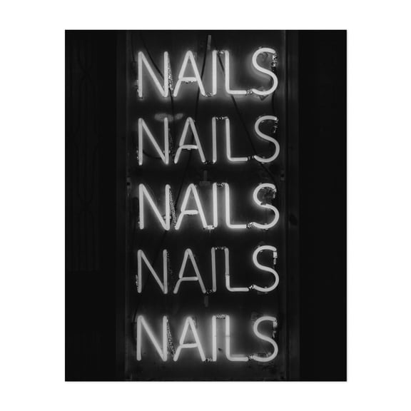NAILS B&W - Manhattan New York Photography Neon Sign Black and White Vintage Street Photography Nightlife Retro Minimalist Unframed Wall Art Print 12 x 16 inches