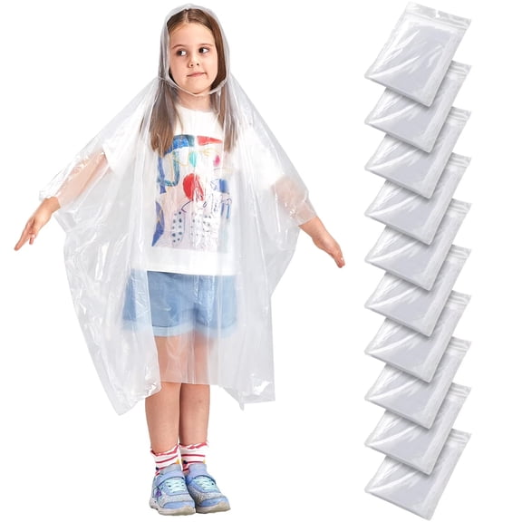 NAISHIER 10 Pcs Disposable Clear Plastic Rain Ponchos, Extra Thicker Emergency Ponchos with Hood, 10 Pack for kids