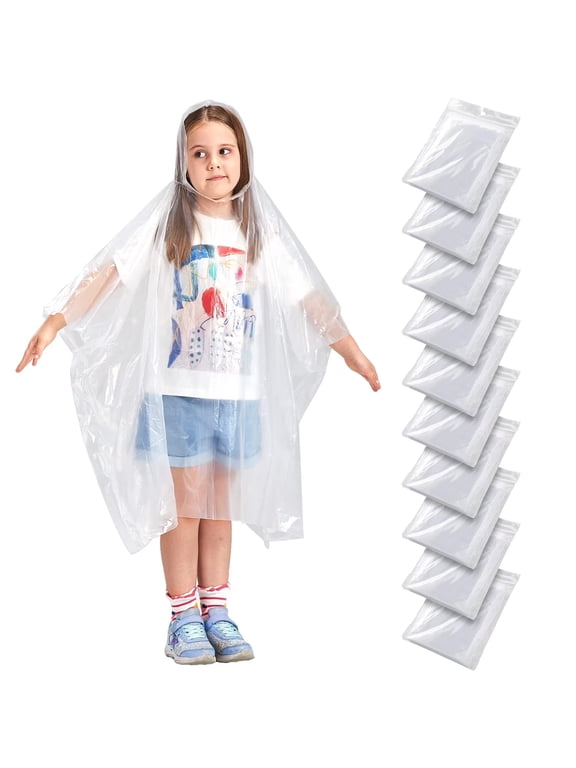 10 Pcs Disposable Clear Plastic Rain Ponchos, Extra Thicker Emergency Ponchos with Hood, 10 Pack for kids