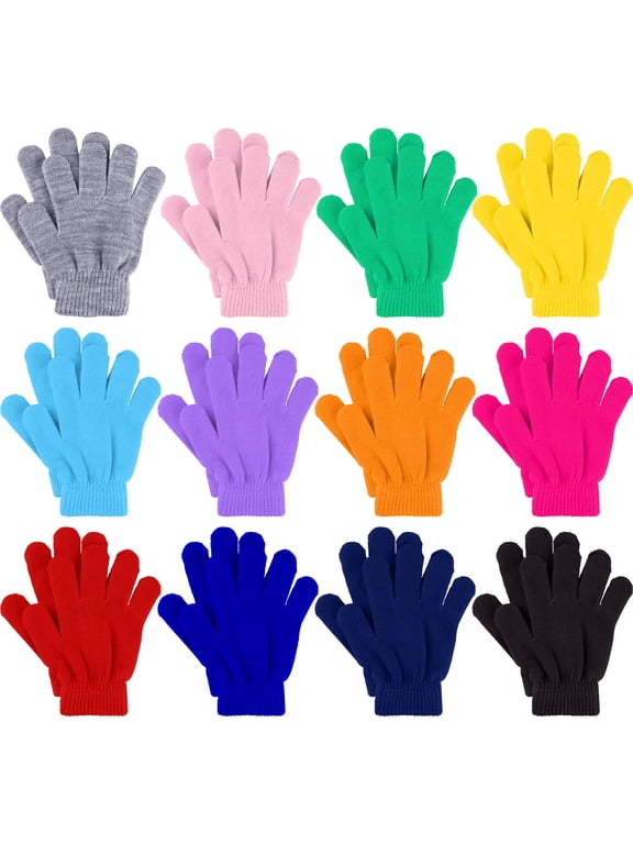 12 Pairs Kids Gloves Winter Toddler Gloves Full Fingers Knit Gloves Children Stretchy Warm Gloves Bulk for 6-12 Years Boys Girls