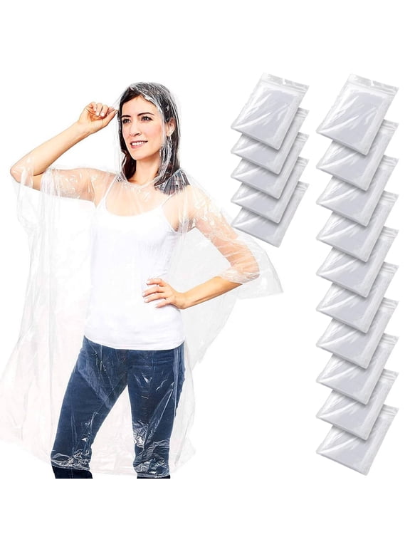 15 Pcs Disposable Clear Plastic Rain Ponchos, Extra Thicker Emergency Ponchos with Hood, Disposable Rain Ponchos for Adults