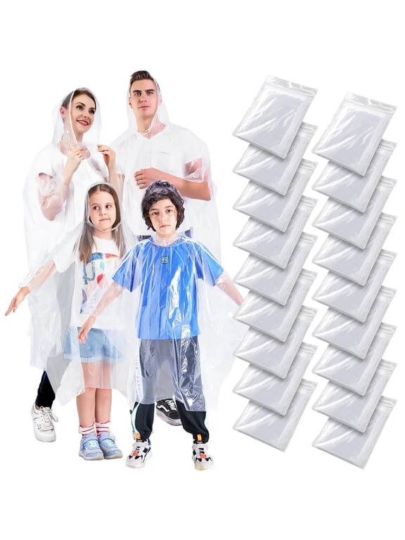 18 Pcs Disposable Clear Plastic Rain Ponchos, Extra Thicker Emergency Ponchos with Hood, 9 Pack for kids and 9 Pack for Adults