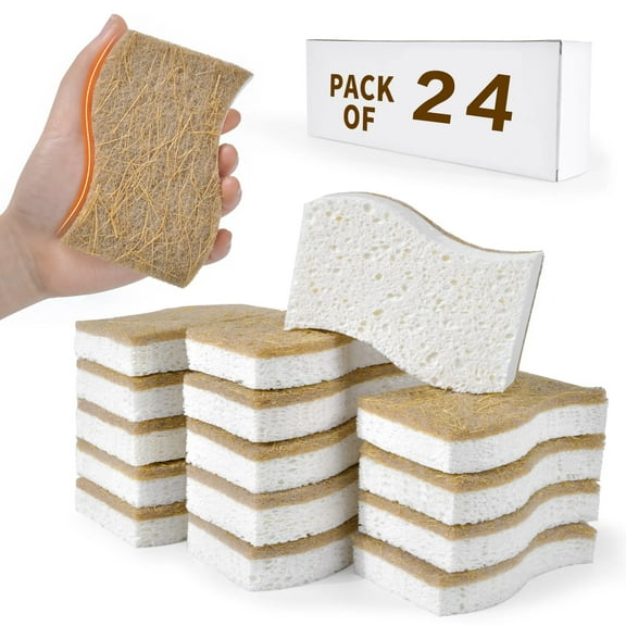 NAISHIER 24 Pack Biodegradable Natural Kitchen Sponge - Compostable Cellulose and Coconut Walnut Scrubber Sponge - Eco Friendly Sustainable Sponges for Dishes