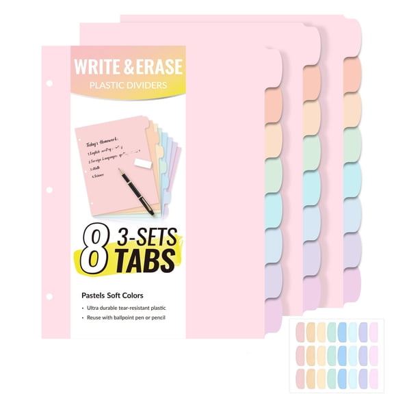 NAISHIER 24 Pcs 3 Ring Binder Dividers with Tabs, Plastic File Dividers Binder Index Dividers with One Front Pocket, Multicolor, 3 Sets, 8 Tabs