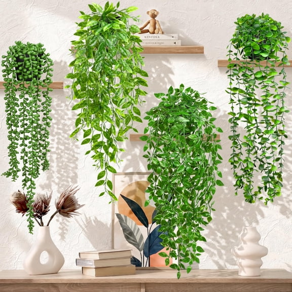 NAISHIER 4 Pack Faux Artificial Hanging Plants, UV Resistant Fake Potted Greenery with Eucalyptus Vine, Mandala, Pea Pod Leaves & String of Pearls in Pots for Indoor Outdoor Decor