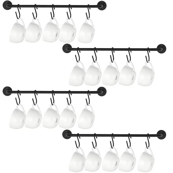 NAISHIER 4 Pack Metal Rack, Modern Mug Holder with 18 S Hooks, Wall Mounted Suspension Rod for Storing and Hanging Towels, Hats, and Clothing