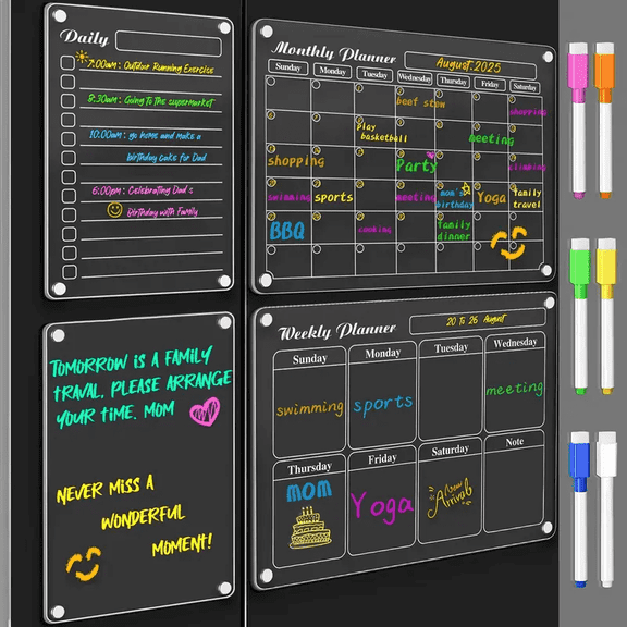 NAISHIER 4 Pcs Acrylic Magnetic Dry Erase Calendar for Fridge, Clear Skylight Calendar Set 2025 Magnetic Weekly Monthly Daily Memo Planner Board for Refrigerator with 6 Colors Markers