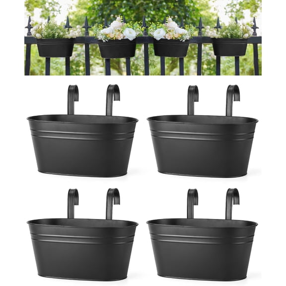 NAISHIER 4 Pcs Metal Hanging Flower Pots for Railing Fence, Countryside Style Outdoor Planter Window Flower Plant Holder with Detachable Hooks Home Decor,10.5 Inch