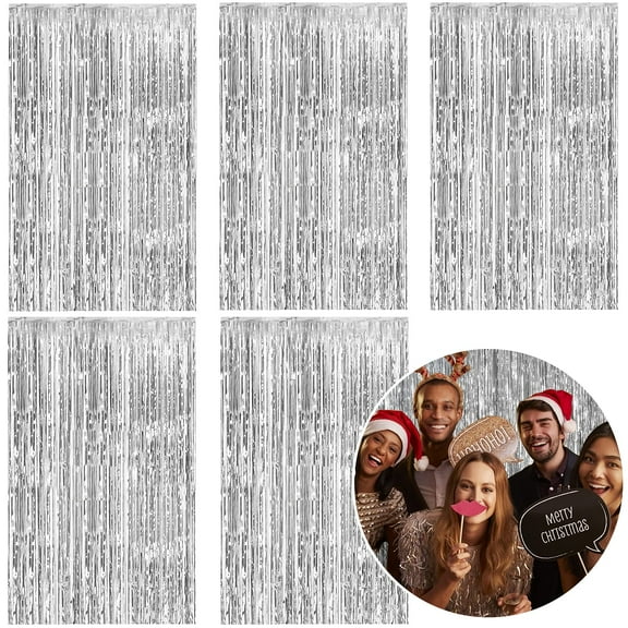 NAISHIER 5 Pack Silver Foil Fringe Backdrop Curtains, Tinsel Foil Fringe Curtains Photo Booth Props for Birthday, Wedding Engagement, Baby Shower, Graduation