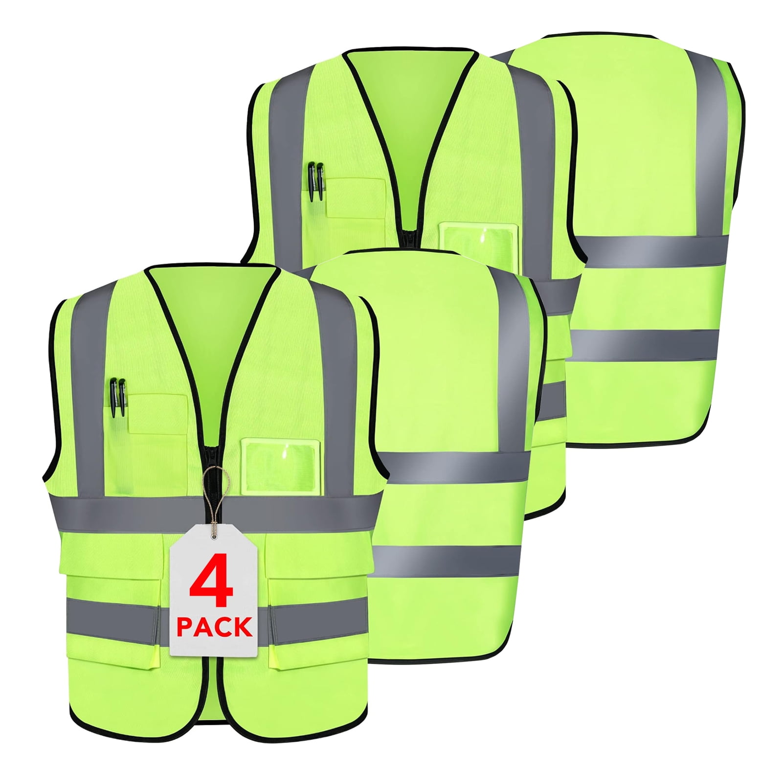 NAISHIER 5 Pockets Class 2 High Visibility Zipper Front Safety Vest With Reflective Strips, Meets ANSI/ISEA Standard, Large, 4Pack