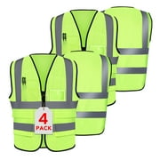 NAISHIER 5 Pockets Class 2 High Visibility Zipper Front Safety Vest With Reflective Strips, Meets ANSI/ISEA Standard, Large, 4Pack