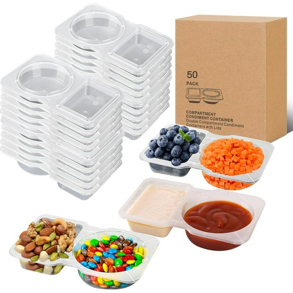 NAISHIER 50 Packs Reusable Snack Containers 2 Compartment Condiment Container With Lids Snackle Box Container Portion Control for Refrigeration Sauce, Outdoor Takeaway, Travel