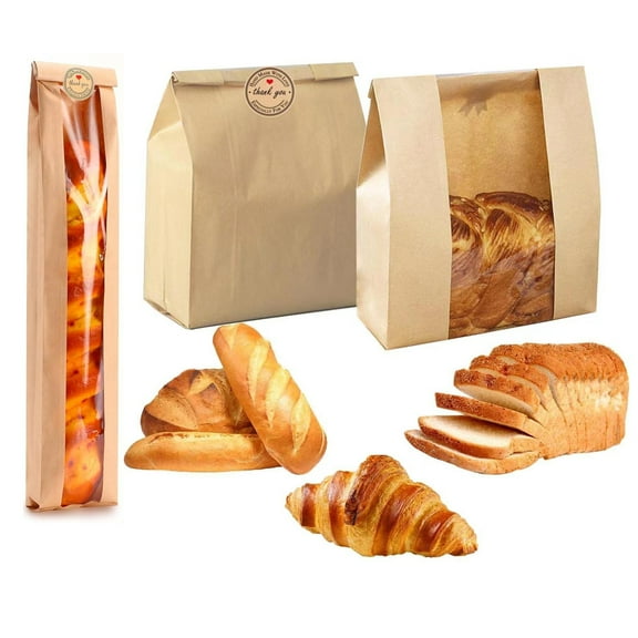 NAISHIER 60 Pcs Bread Bags for Homemade Bread, 50 Pcs Sourdough Paper Bread Bags & 10 Pcs Baguette Bags With Window, for Storage Bread Cookies & Snacks, 60 Cute Stickers