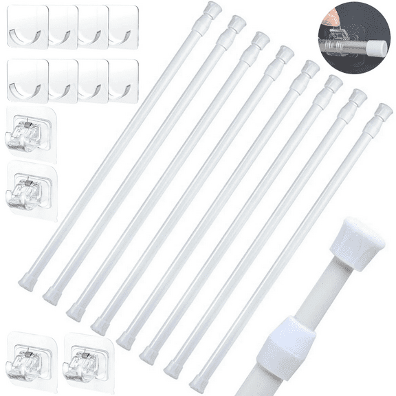 NAISHIER 8 Pcs Spring Tension Curtain Rod 24 to 44 Inch, White Adjustable Spring Tension Rods with pole support bracket and hook
