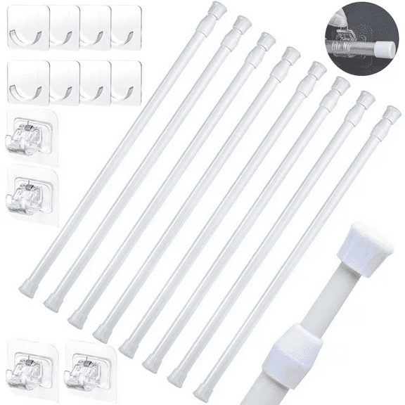 NAISHIER 8 Pcs Tension Curtain Rods No Drilling, Adjustable Shower Curtain Rod for Windows 28 to 48 inch, Spring White Curtain Rod Closet Rod, Window Curtain Rod