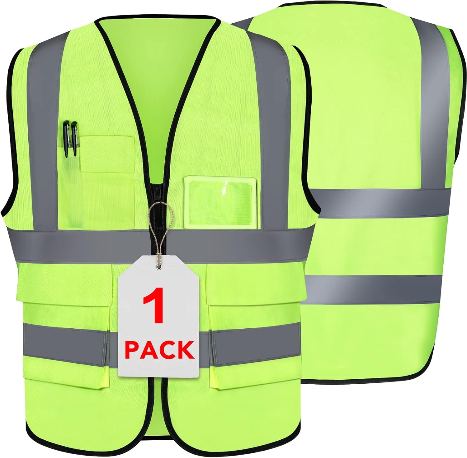 NAISHIER Reflective Safety Vest for Women Men, High Visibility Security With Pocket Zipper Front, Neon Green