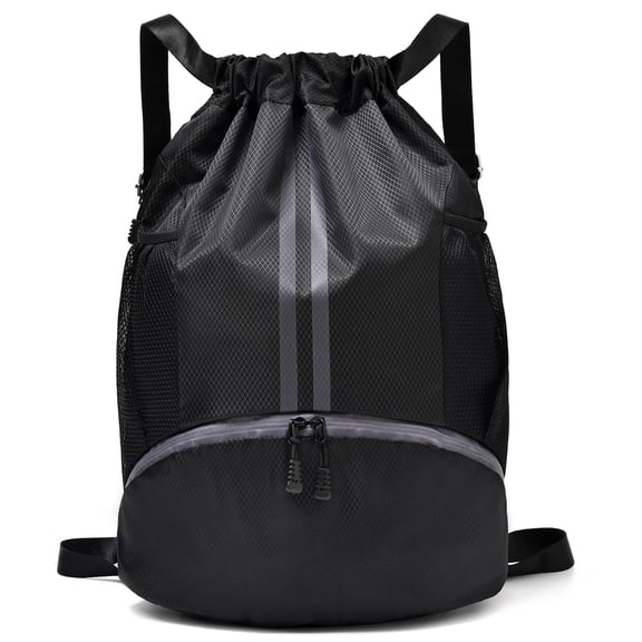 NAISHIER Black Drawstring Gym Bag for Men, Waterproof Drawstring Backpack for Women, Swim Bag with Shoes Compartment, Pull String Sport Bag for Soccer and Basketball