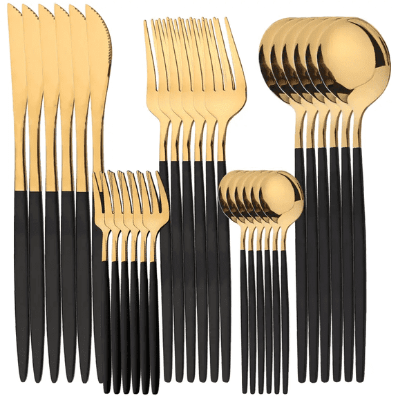 NAISHIER Black Gold Silverware Sets, 30 Piece, Forks and Spoons Dinner Knives Mirror Polished Cutlery Set Service for 6