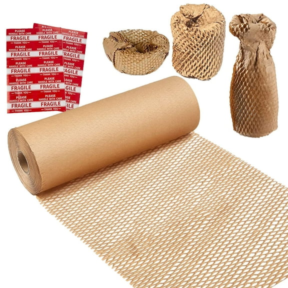 NAISHIER Honeycomb Packing Paper,12" W x 200' L Bubble Cushioning Wrap,Recyclable and Biodegradable Cushioning Packing Material with 20 Fragile Sticker Label