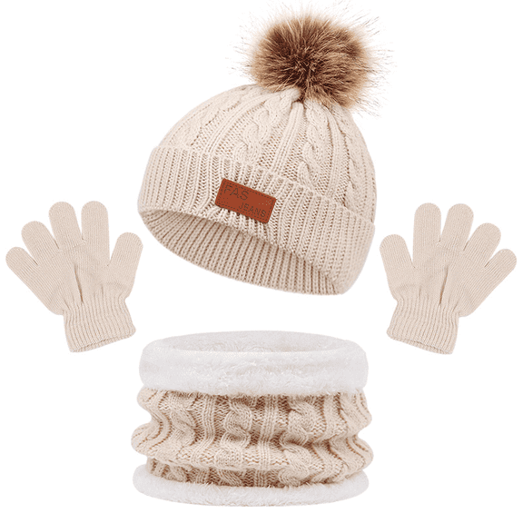 NAISHIER Kids Hat Scarf Gloves Set, Kids Winter Beanie Hat Scarf Gloves Set with Knit Thick Warm Fleece Lined for 2-8 Years Old, Beige