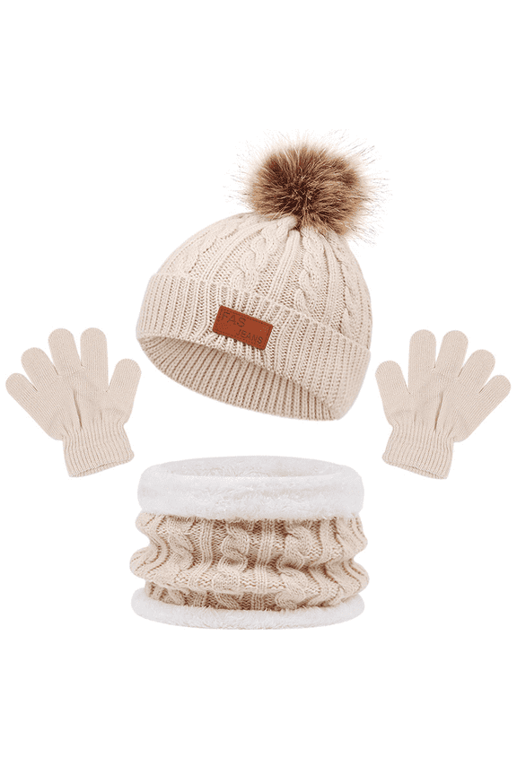 Kids Hat Scarf Gloves Set, Kids Winter Beanie Hat Scarf Gloves Set with Knit Thick Warm Fleece Lined for 2-8 Years Old, Beige