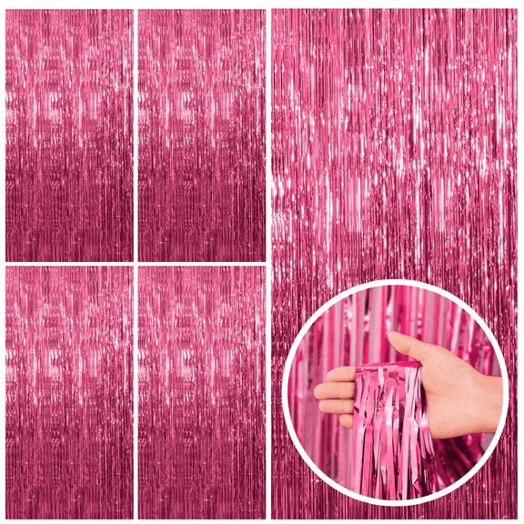 NAISHIER Pink Foil Curtain Backdrop, 5 Pack Metallic Tinsel Foil Fringe Curtains Photo Booth Props for Birthday Wedding Engagement Baby Shower Bachelorette Party Decorations