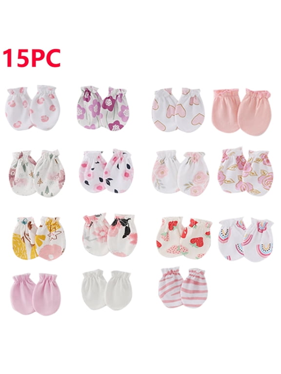 15 Pack Scratch Mittens, Soft Cotton Hand Protectors Cute Printed Gloves for 0-12 Months White