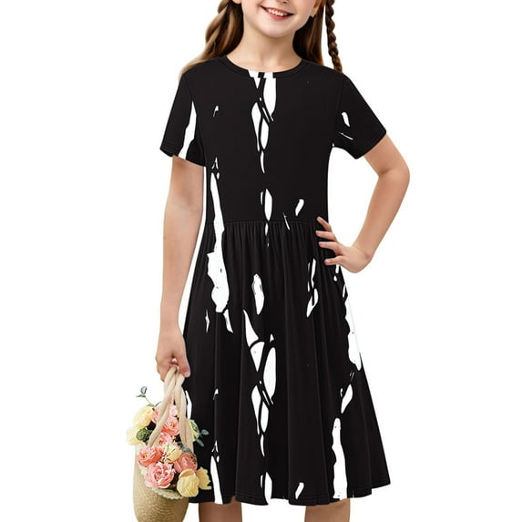 NAISIBABY A-Line Dress for Girls, Stretch Color Block Short Sleeve Summer Casual Sundress Black 4-5T