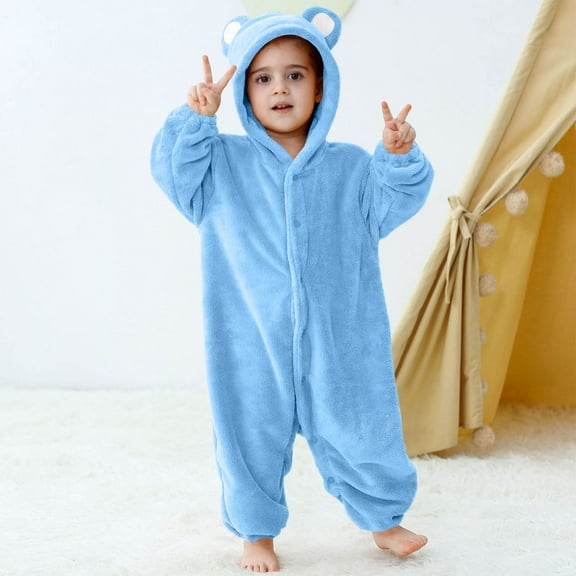 NAISIBABY Baby Fleece Jumpsuit, Loose Fit Button-Up Long Sleeve Boys Girls Winter Warm Hooded Romper Blue 1T