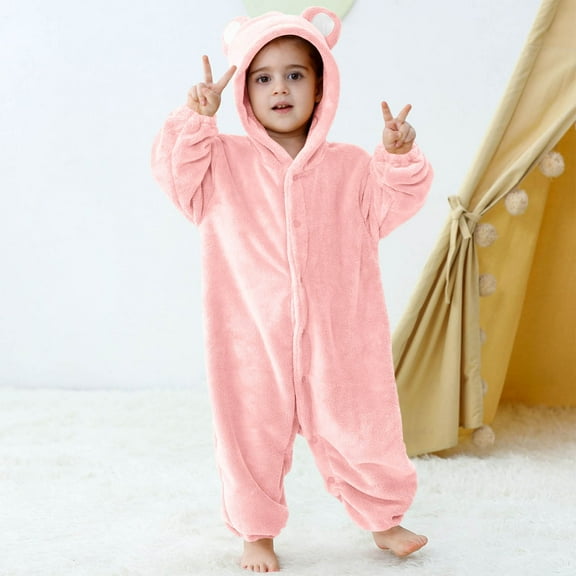 NAISIBABY Baby Fleece Jumpsuit, Loose Fit Long Sleeve Button-Up Boys Girls Winter Warm Hooded Romper Pink 9Months