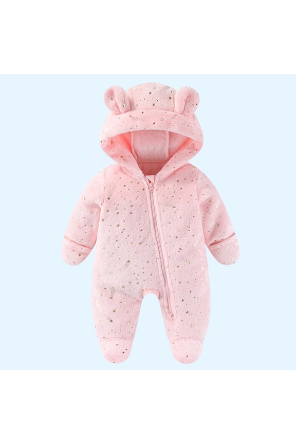 Baby Hooded Jumpsuit, Thicken Warm Full Zip-Up Fleece Soft Newborn One-Piece Romper Loungewear Pink 3Months