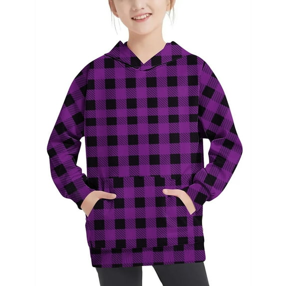 NAISIBABY Big Girls Boys Hoodies, Casual Checked Prints Long Sleeve Kids Pullover Sweatshirts Purple