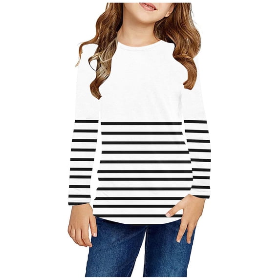 NAISIBABY Big Girls Long Sleeve Tops, Casual Crewneck Striped Kids Pullover Blouses White 13-14T