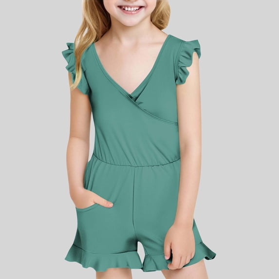 NAISIBABY Big Girls One-Piece Swimsuit, Chest Padded Ruffled Sleeve V Neck Bathing Suit with Pocket Green 11-12T