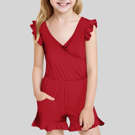 NAISIBABY Big Girls One-Piece Swimsuit, Ruffled Sleeve V Neck Chest Padded Bathing Suit with Pocket Red 7-8T
