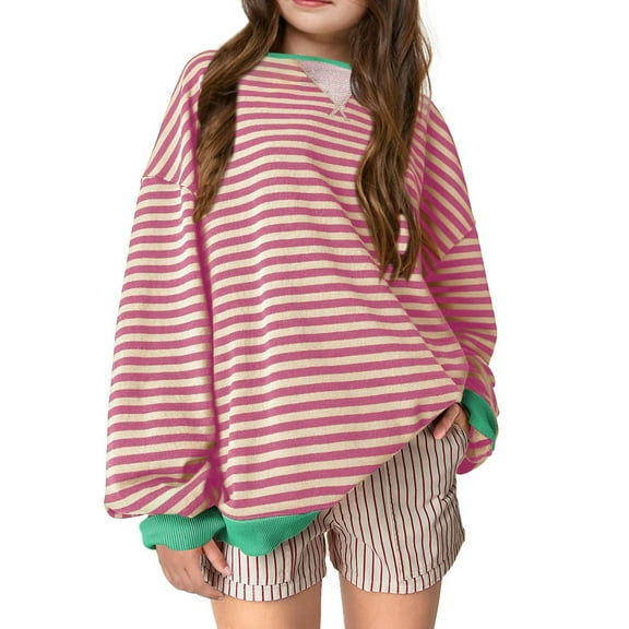 NAISIBABY Big Girls Pullover Sweatshirts, Long Sleeve Casual Fashion Striped Kids Loose Tops Pink