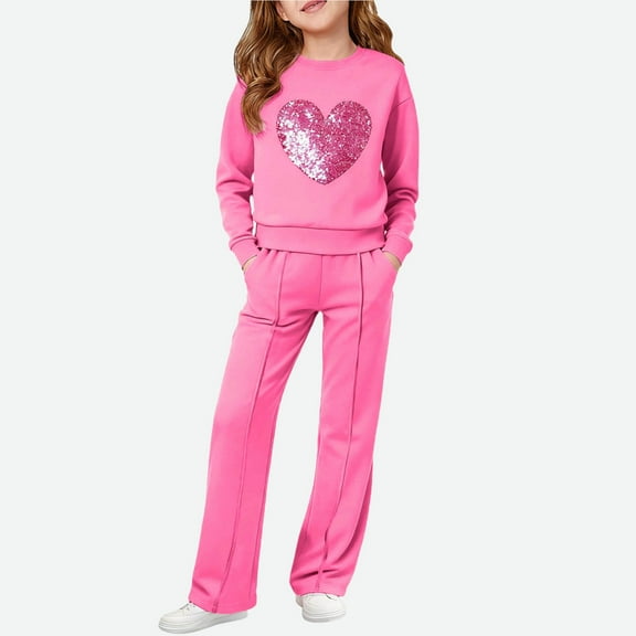 NAISIBABY Big Girls Sets 2-Piece(7-15T), Glitter Heart Pullover Sweatshirt and Straight Leg Pants Kids Fall Winter Fashion Outfits Hot Pink 10T