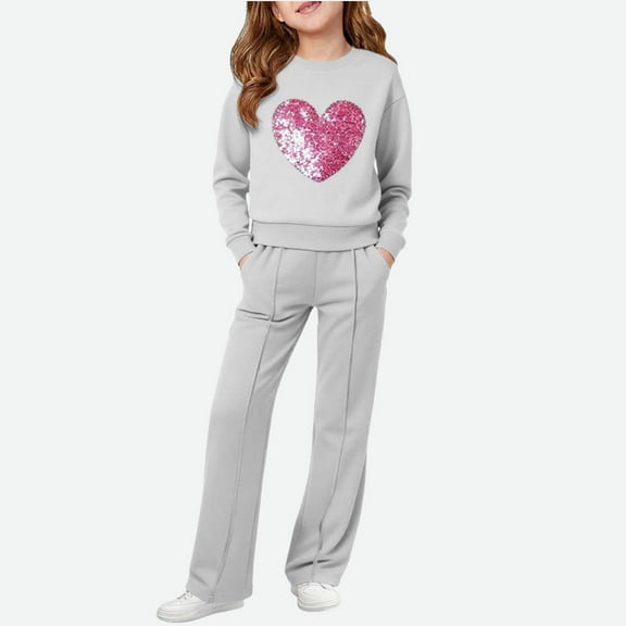 NAISIBABY Big Girls Sets 2-Piece, Glitter Heart Pullover Sweatshirt and Straight Leg Pants Kids Fall Winter Fashion Outfits Gray 9T