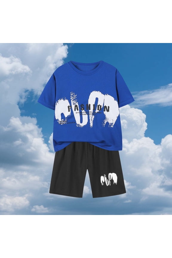 Boy's Active Sets 2-Piece, Quick Drying Graphic Short Sleeve T-Shirt and Gym Shorts Breathable Kids Sport Outfits Blue 11-12T