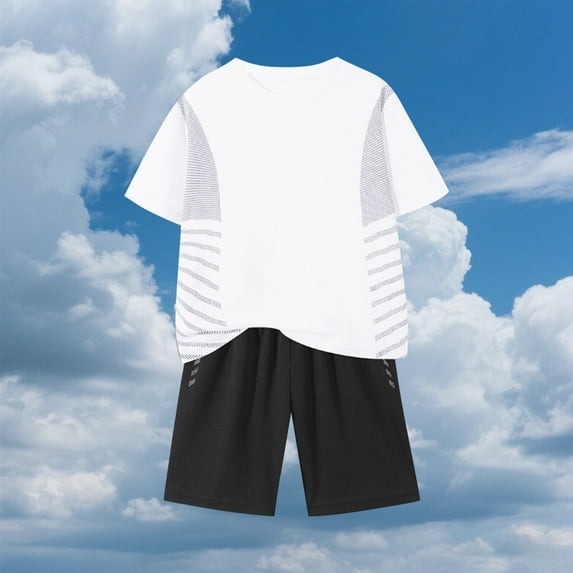 NAISIBABY Boy's Athletic Sets 2-Piece, Short Sleeve Performance T-Shirt and Gym Shorts Quick Drying Breathable Sport Clothes White 5-6T