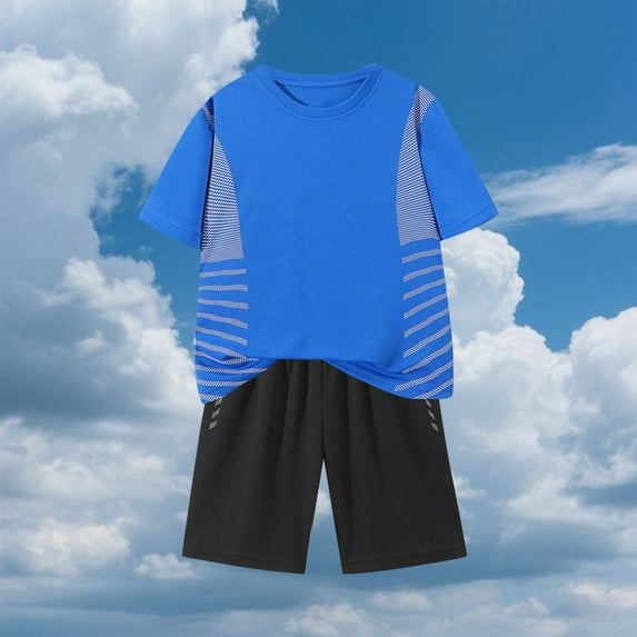 NAISIBABY Boy's Athletic Sets 2-Piece, Short Sleeve Performance T-Shirt and Gym Shorts Quick Drying Breathable Sport Clothes Blue 8-10T