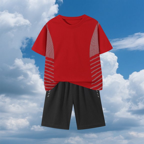 NAISIBABY Boy's Athletic Sets 2-Piece, Short Sleeve Performance T-Shirt and Gym Shorts Quick Drying Breathable Sport Clothes Red 13-14T