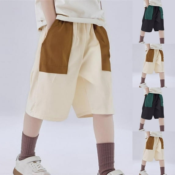 NAISIBABY Boy's Bermuda Shorts Size 10-12, Baggy Fit Elastic Waist Color Block Fashion Casual Cargo Shorts Beige（3-13T)