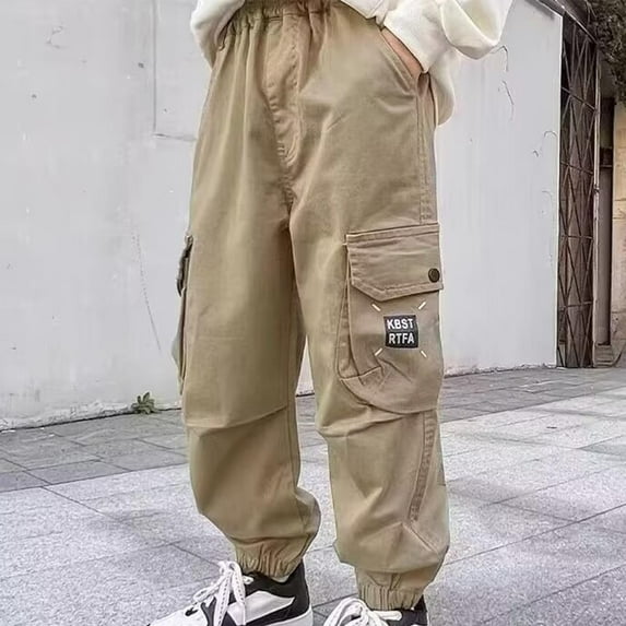 NAISIBABY Boy's Cargo Pants, Loose Fit Elastic Waist Solid Color Outdoor Casual Joggers Pants Khaki 10-11T