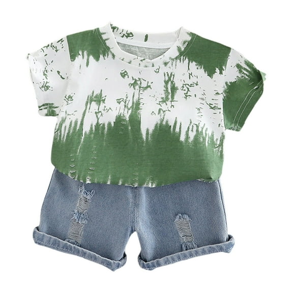 NAISIBABY Boy's Sets 2-Piece, Tie-Dye Graphic Short Sleeve T-Shirt and Denim Shorts Summer Fashion Outfits Clothes Green 2-3T