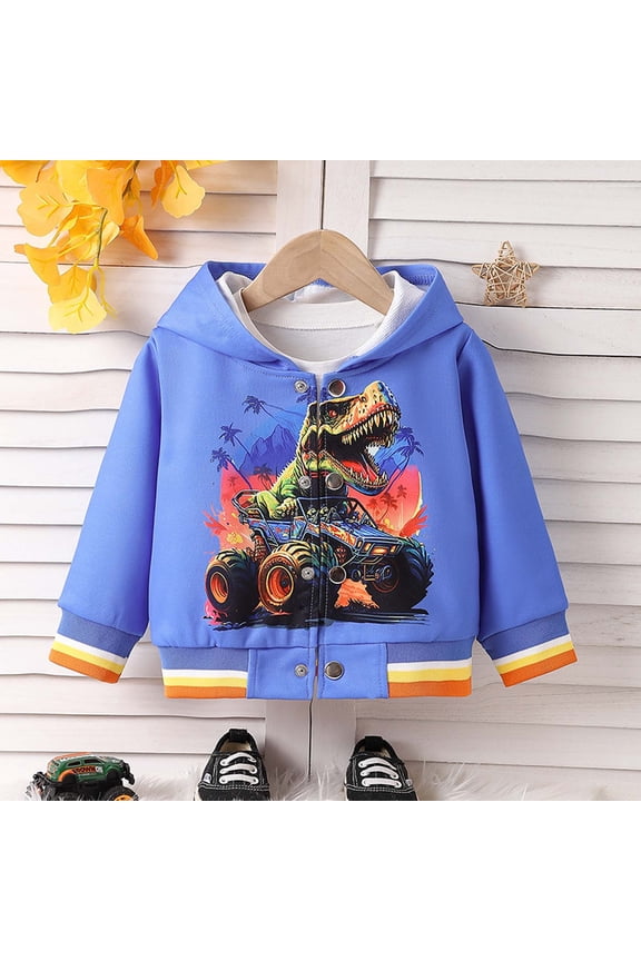 Boys Bomber Jacket, Fashion Prints Hooded Long Sleeve Trendy Casual Coat Blue 12-18Months
