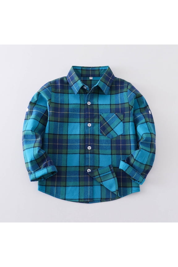 Boys Button Down Shirts, Classic Plaid Long Sleeve Lapel Kids Fall Casual Fashion Jackets Blue 7T