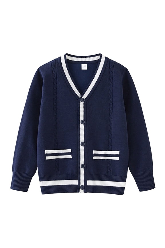 Boys Cardigan Sweater 10T, V Neck Buttons Soft Classic Striped School Uniform Knit Outwear Navy