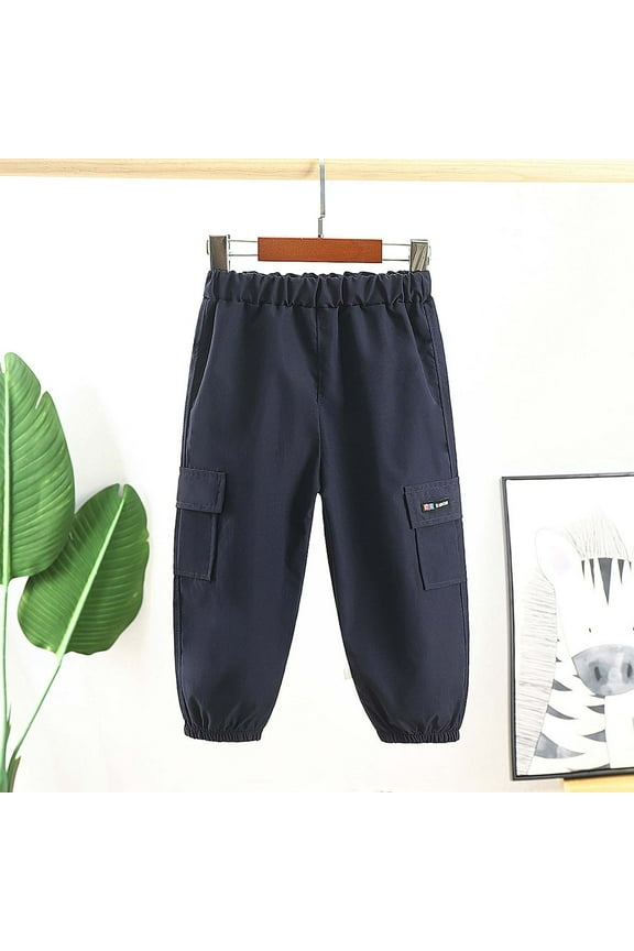 Boys Cargo Pants, Elastic Waist Casual Solid Color Kids Causal Pants Dark Blue 6-12Months