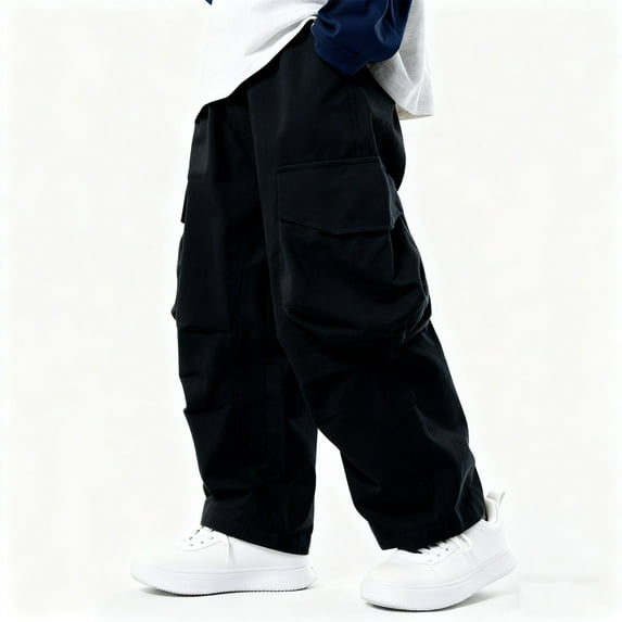 NAISIBABY Boys Cargo Pants, Elastic Waist Fashion Baggy Wide Leg Cotton Casual Pants Black 3T